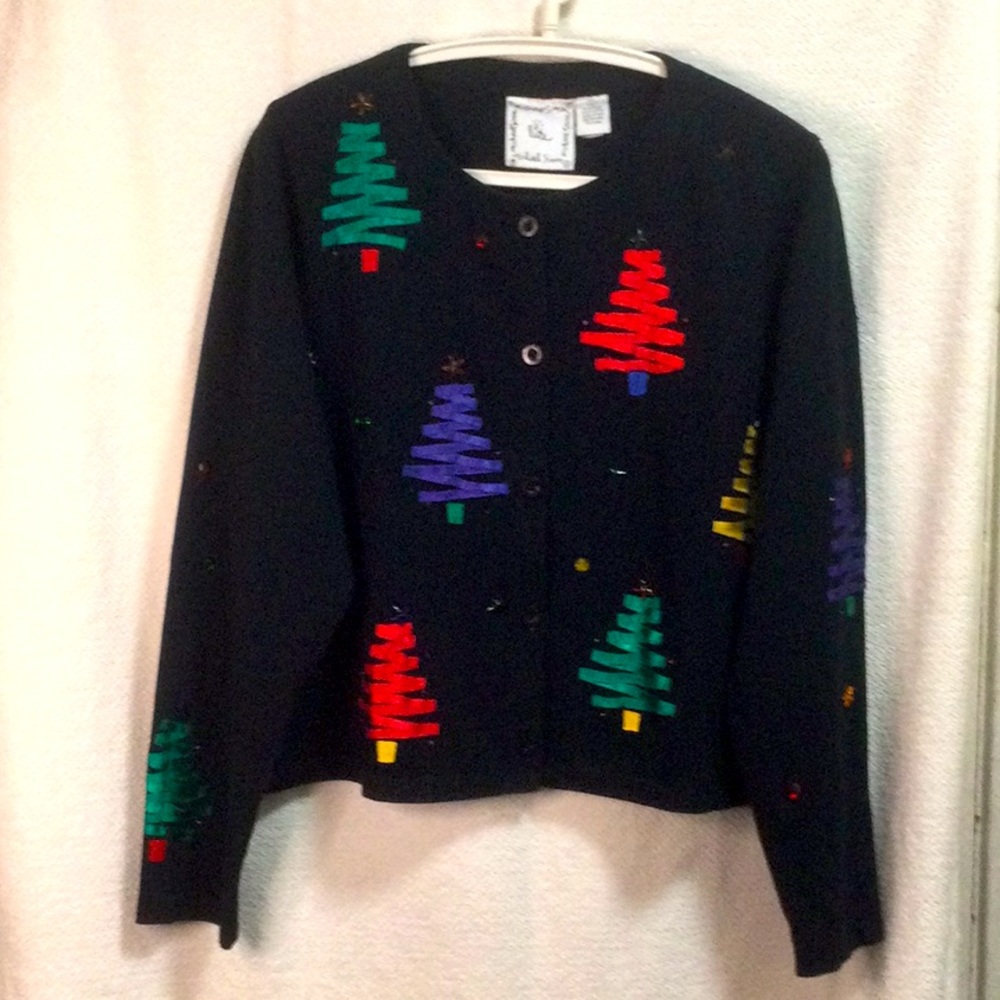 Michael Simon Ribbon Tree Christmas Button Front Cardigan Cropped